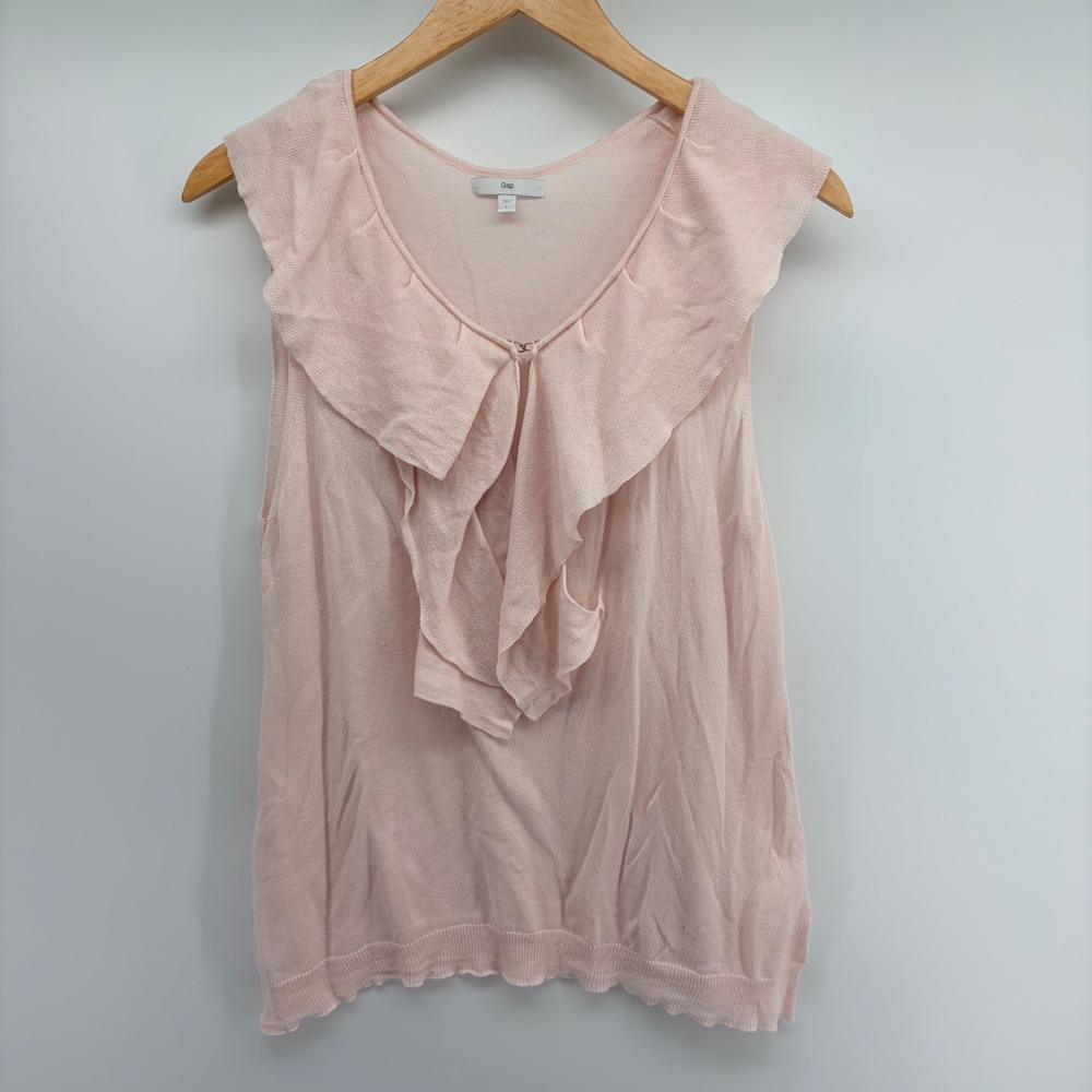 Gap Ruffle V-Neck Sleeveless Knit Top Womens Large Pink Cotton Modal Shell L